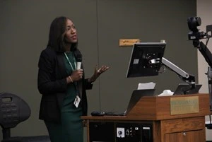 Alexis Travis, assistant provost and executive director of Health & Wellness, speaks during the 2023 Student Success Summit at Michigan State University.