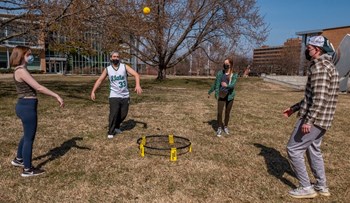 Michigan State University students play Spikeball at the East Lansing campus.