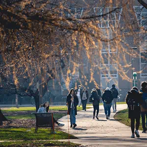 Students walking to class on Michigan State University's campus